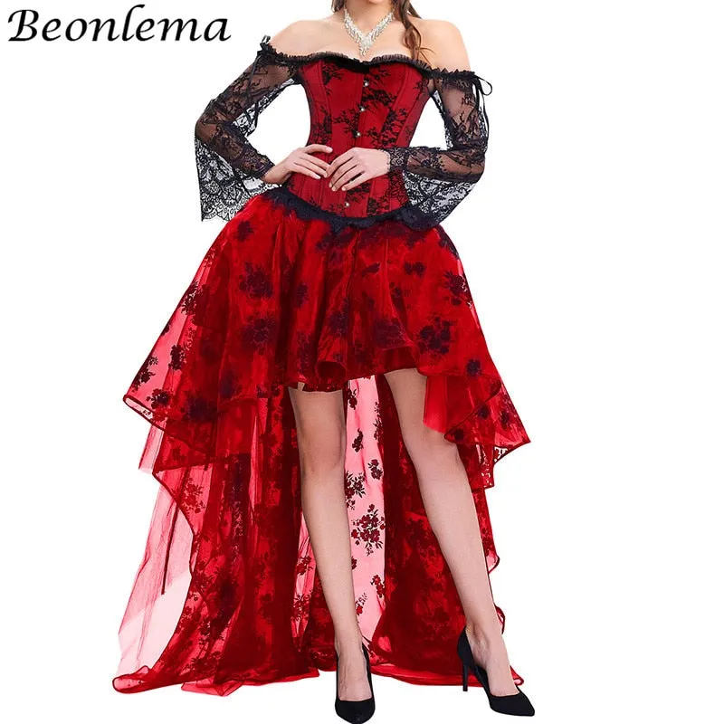 BEONLEMA Long Sleeve Lace Korset Sexy Black Gothic Dress Hot Red Bustier Set Steampunk Corset Clothing Women Plus Size Corset
