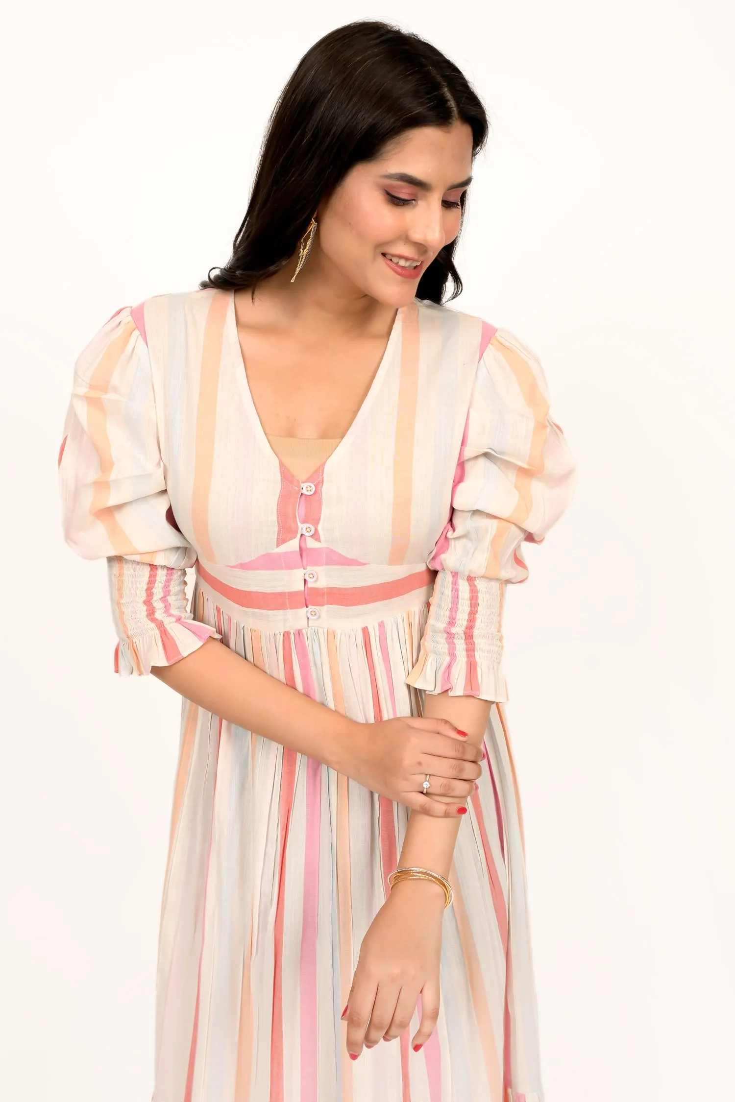 Pastel Multicoloured Striped Calf Length Dress